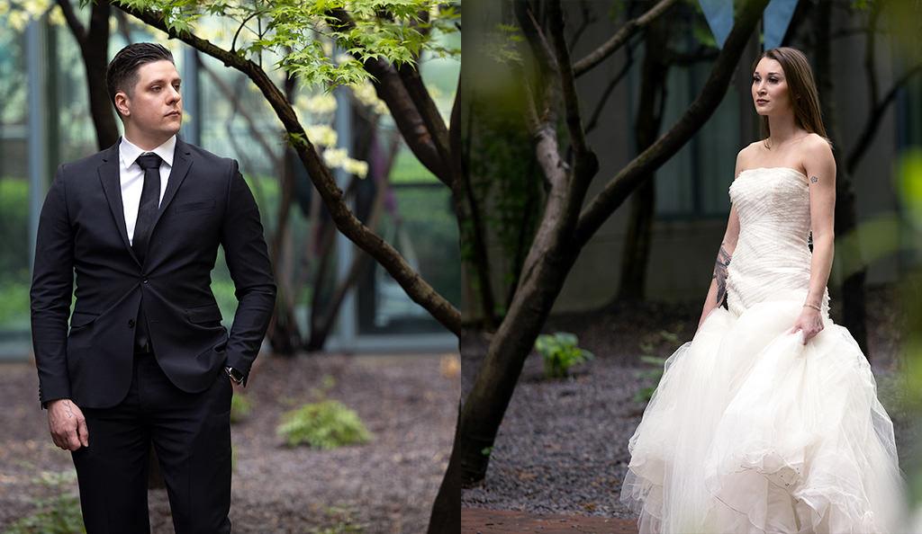 Side-by-side solo portraits of Scott and Audrey on their wedding day in the courtyard, by M Carter Photography.