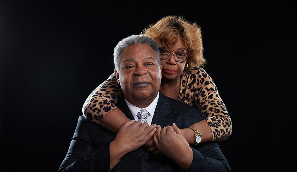 Portrait of Dale and Thelma together by M Carter Photography, shot at the client’s home using studio lighting with a black background.