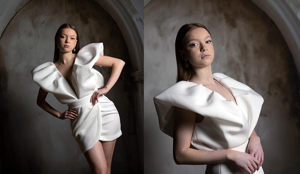 Side-by-side portraits of Katlin by M Carter Photography, in front of a classic arch background with studio lighting.